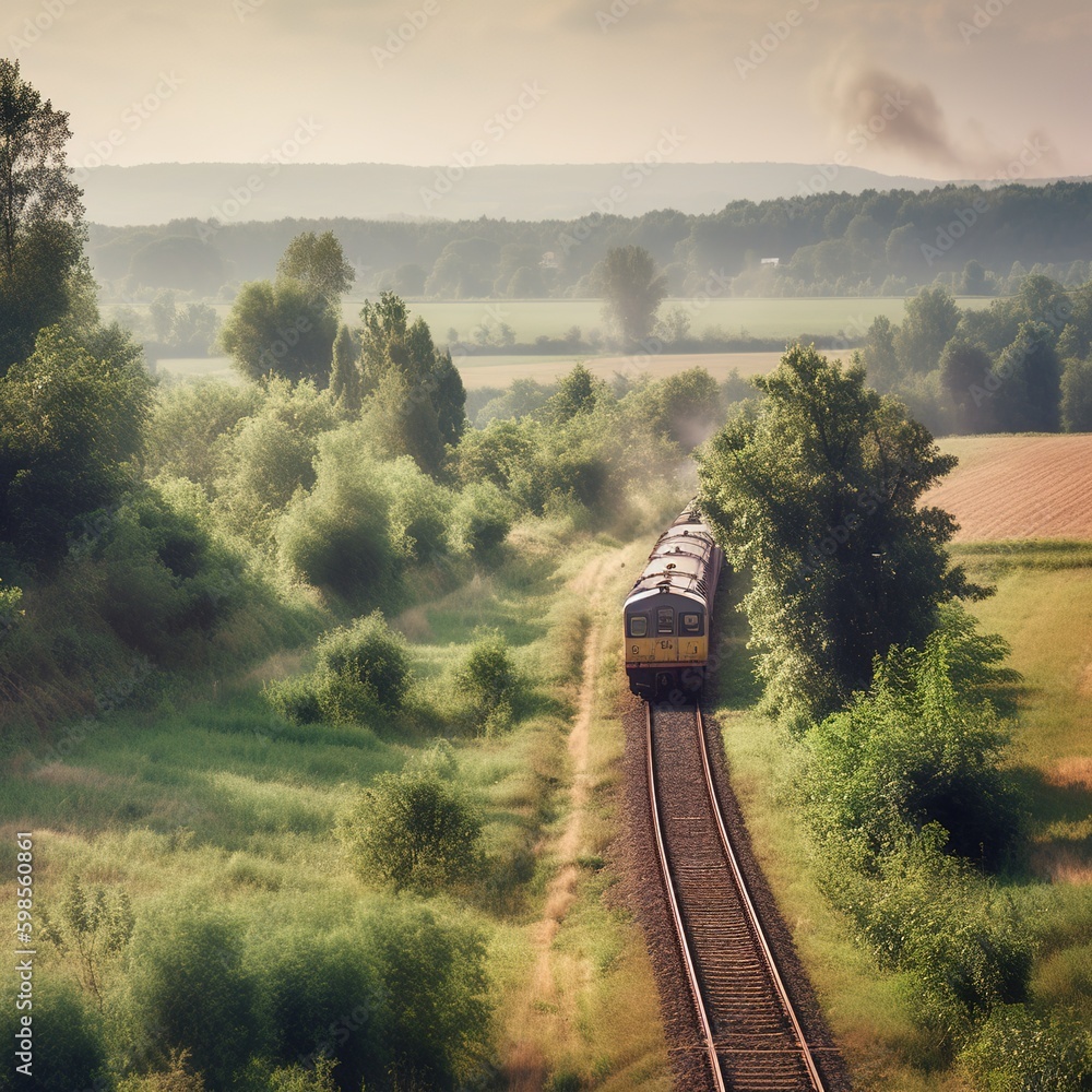 Poster train traversing the countryside. generative ai