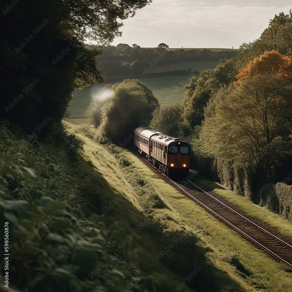 Poster train traversing the countryside. generative ai