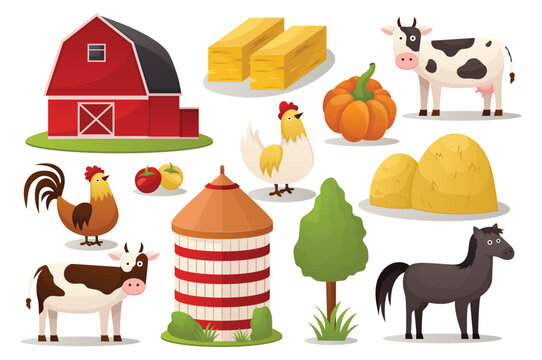 Set of object in farm. A set of flat cartoon designs featuring various objects commonly found on a farm, such as a barn, tractor, haystack. Vector illustration.