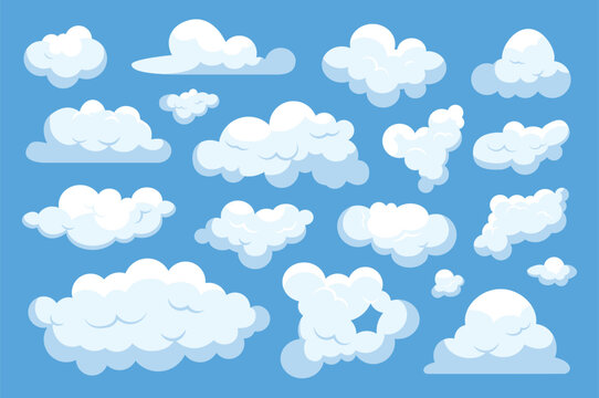White cloud set. A flat cartoon design set of clouds on a blue background. Vector illustration.