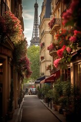 Fototapeta na wymiar Beautiful street with view to the Eiffel Tower in spring, generative ai