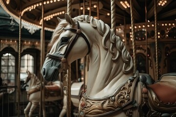 Fototapeta na wymiar Horses in a charming retro carrousel at the funfair, generative ai