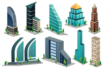 City building set. This is a set of flat, cartoon-style designs featuring various city buildings, including skyscrapers, shops, houses, and apartment buildings. Vector illustration.
