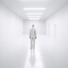 Fototapeta premium Man covered in white protective gear in an aseptic clinical environment, generative ai