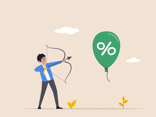 Beat inflation concept. Economic risk or investment bubble. Businessman shoots balloons with an arrow. Federal Reserve seeks to control inflation by influencing interest rates. Flat Generative AI