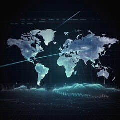 World economy concept with a perspective view on a digital graphic world map with financial graphs on all continents. generative AI