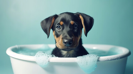 Cute puppy dog bathing in a small bathtub on turquoise flat background. Generative AI