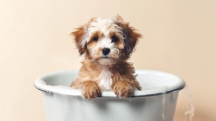 Cute puppy dog in a small bathtub on flat beige background. Generative AI