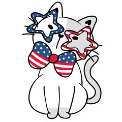 Cute funny 4th of July white kitten cat, independence day cartoon animal