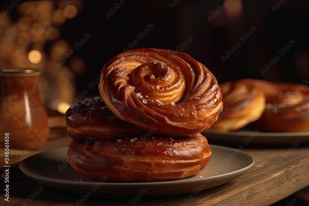 Poster colorful stack of glazed doughnuts on a white plate with a pink background. generative ai generative