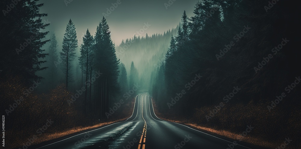 Poster winding path that disappears into the woodland fog. generative ai generative ai
