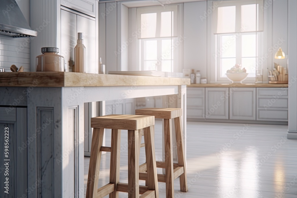 Poster modern kitchen with a minimalist design and two wooden stools by the counter. generative ai generati