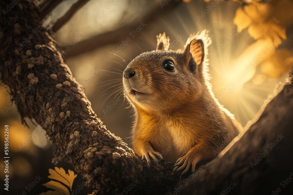 Poster image of a squirrel sitting on a tree limb at a low angle and in the sunshine. generative ai generat