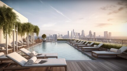 Fototapeta premium A chic and minimalist rooftop pool with comfortable lounge chairs, a built - in bar, and stunning skyline views. generative ai