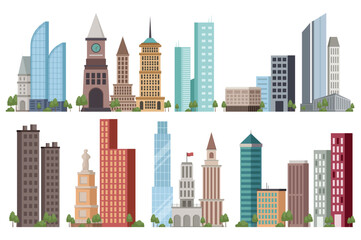 City buildings set. This is a flat design cartoon illustration set of city buildings. Vector illustration.