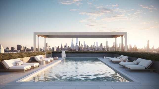  A chic and minimalist rooftop pool with comfortable lounge chairs, a built - in bar, and stunning skyline views. generative ai