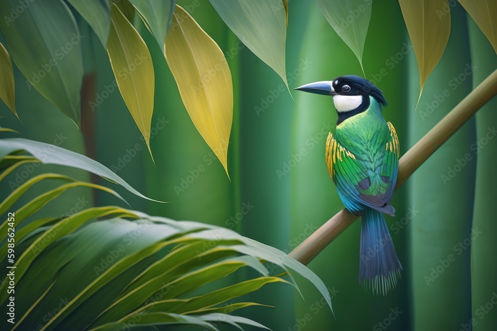 Aufkleber a bamboo leaf and a long-tailed broadbill in the wild generative ai generative ai