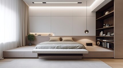  A contemporary and minimalist bedroom with a platform bed, integrated storage, and neutral tones. generative ai