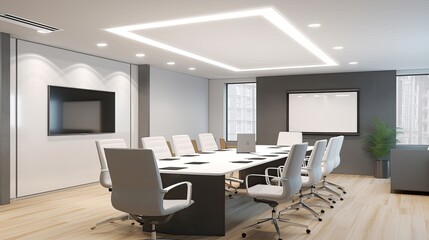  A contemporary and minimalist conference room with sleek furnishings, high - tech audiovisual equipment, and adjustable lighting. generative ai