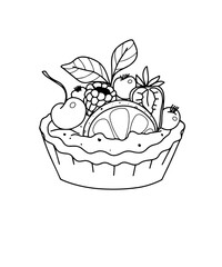 Coloring book with the image of a cake, sweetness. Contour art on a white background with fruit and cream. Festive pastries and desserts. Vector