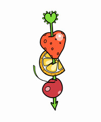 Color art with the image of a cake, sweetness on a white background with fruit and cream. Festive pastries and desserts. Vector