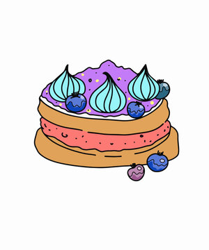 Color art with the image of a cake, sweetness on a white background with fruit and cream. Festive pastries and desserts. Vector