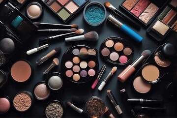 Flat Lay Composition of Various Makeup Products and Brushes, Beauty Essentials Arrangement, Generative AI