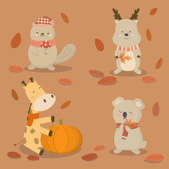 Cute animal with scarf and hat in autumn day