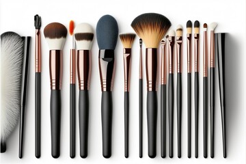 Makeup Brushes Set in Row on White Isolated Background, Essential Beauty Tools, Generative AI