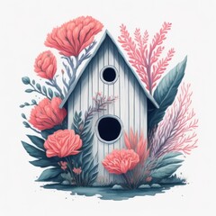 Colorful Birdhouse in a Natural Garden Setting with Spring Flowers Generative AI Technology