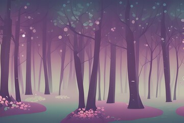 Magical Fantasy Forests with Mystical lighting. Digital illustration. Kids Cartoon Backgrounds. Children Story Book illustration. 2d illustration. Generative AI