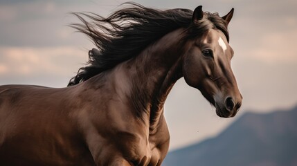  A dramatic portrait of a horse, with a sense of movement and energy against a blurred mountain backdrop.  generative ai
