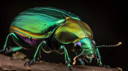 Naklejka premium A dynamic close - up of a green June beetle, with bold colors and dramatic lighting. generative ai