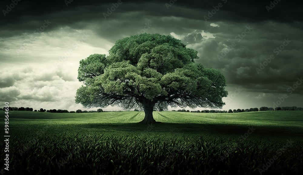 Poster a solitary oak tree stands out in the field. generative ai generative ai
