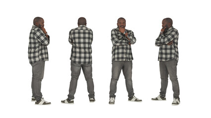 An isolated human character man set in a Check shirt and grey jeans stands in thanking mood with his arms crossed by Front, Back, and, Side view. Isolated 3D Rendering on White Background.