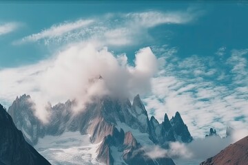 majestic snow-capped mountain peak piercing through the clouds. Generative AI Generative AI