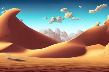 Beautiful Desert Sand in Bright Daylight on a Summer Day. 2d Animation Style illustration. Children Story Book Illustration. Kids Cartoon Background. Generative AI