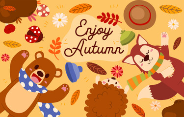 Fototapeta premium Cute animals with winter costume in Autumn celebration
