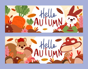 Banner set of animal and hello autumn