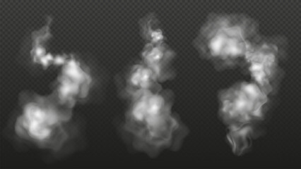 Realistic set of smoke trails in the air isolated on transparent background. Vector illustration of ash clouds.Trace from the plane or exhaust from the pipe