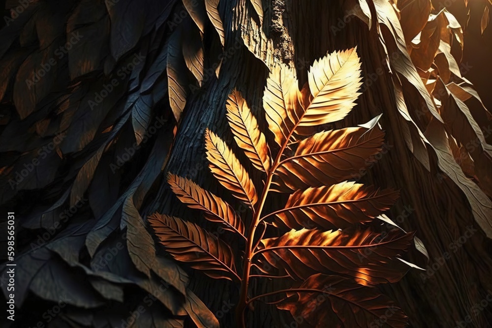 Poster background of evergreen and deciduous trees in a woodland bathed in sunshine and textured with tree 