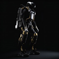 Fototapeta premium A futuristic, modular exoskeleton with advanced materials and adaptive technology on a black background, illustrating the potential for enhanced human capabilities. generative ai