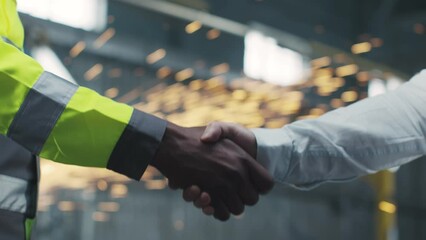 Two construction workers made important deal. Two multicultural men shaking hands. Diversity of ethnic groups at enterprise. Business arrangements. Cooperation of businessman.