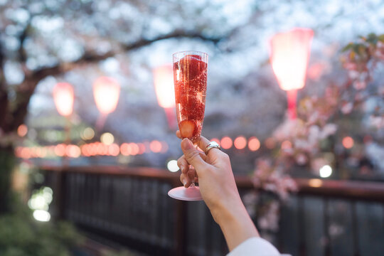 Closeup strawberry sparkling wine popular menu in sakura festival Nakameguro Tokyo city
