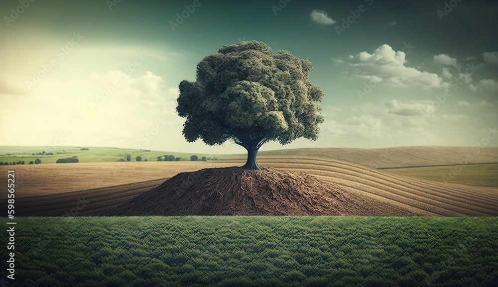 Poster a solitary tree stands out in the middle of a farm. season of summer. a little woodland begins to ta