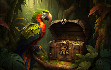 A Colorful Bird: Vibrant Parrot Perched Around a Mysterious Treasure Chest, As They Unlock Secrets of the Pirates Hidden Within the Gilded Relics of the Surrounding Nature