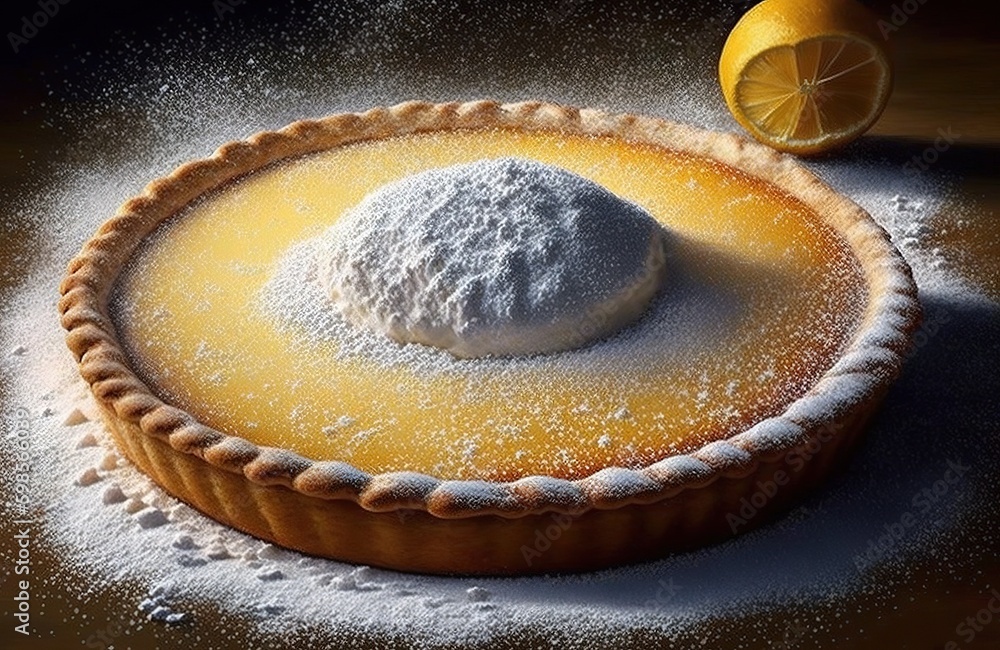 Poster a slice of lemon pie dusted with powdered sugar. generative ai generative ai
