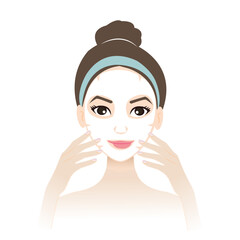 Facial sheet mask on woman face vector isolated on white background. The cute woman apply sheet mask on her skin, fabric mask has holes for mouth, nostrils and eyes. Face care concept illustration.