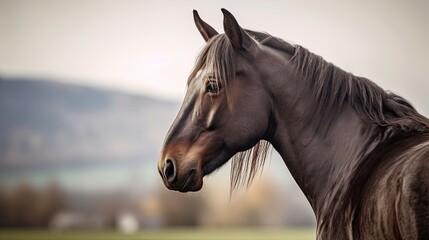 Fototapeta premium A majestic portrait of a horse, with a strong, regal presence and a blurred countryside in the background. generative ai