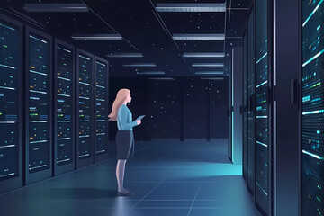 A woman stands in a data center with a blue background and the data center'on the right side. AI generation